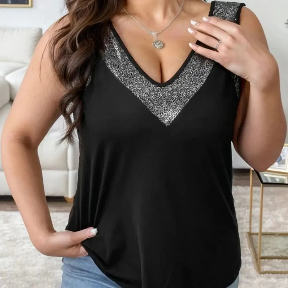 2024 Plus Size Women's New Contrast Color Sequined Tank Top