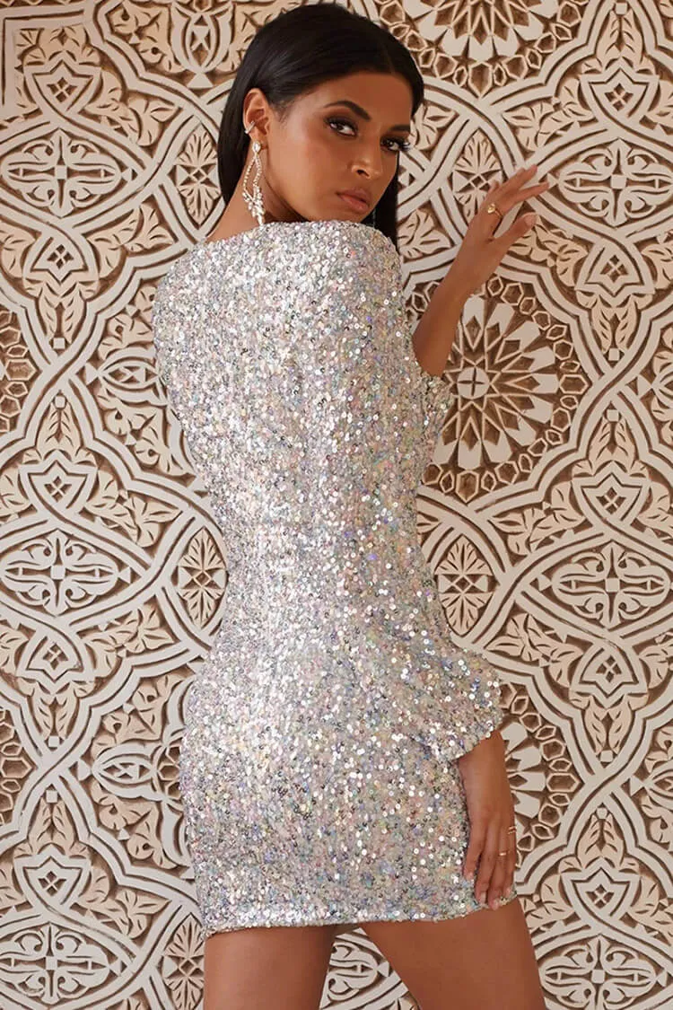Amozae-hoco dresses -Iridescence Long Sleeve V Neck Bodycon Sequin Mini Dress - Multicolor