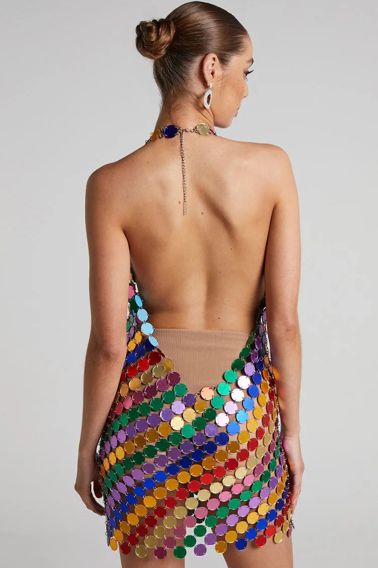 Amozae-hoco dresses -Sparkly Halter V Neck Backless Sheer Disc Sequin Club Mini Dress - Multicolor