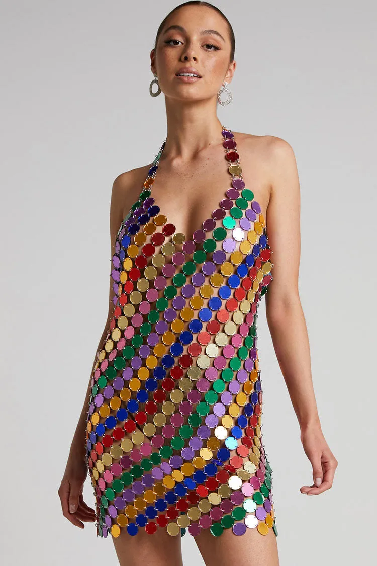 Amozae-hoco dresses -Sparkly Halter V Neck Backless Sheer Disc Sequin Club Mini Dress - Multicolor