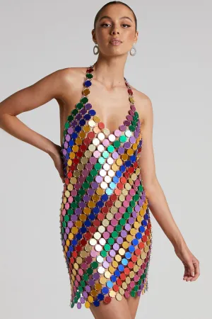 Amozae-hoco dresses -Sparkly Halter V Neck Backless Sheer Disc Sequin Club Mini Dress - Multicolor