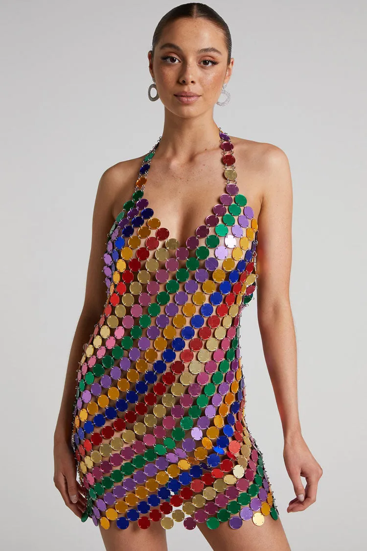Amozae-hoco dresses -Sparkly Halter V Neck Backless Sheer Disc Sequin Club Mini Dress - Multicolor