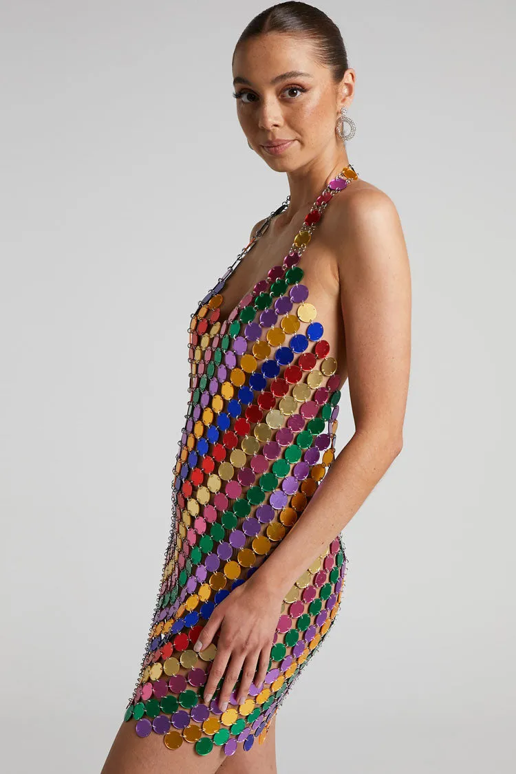 Amozae-hoco dresses -Sparkly Halter V Neck Backless Sheer Disc Sequin Club Mini Dress - Multicolor