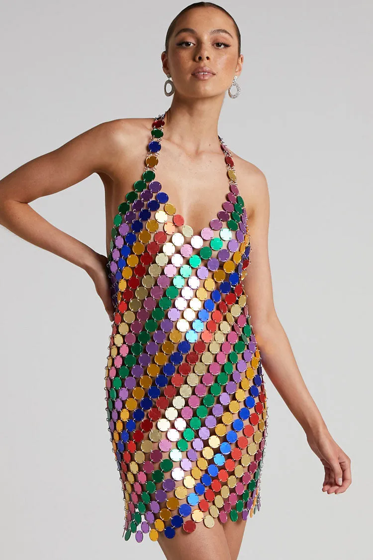 Amozae-hoco dresses -Sparkly Halter V Neck Backless Sheer Disc Sequin Club Mini Dress - Multicolor