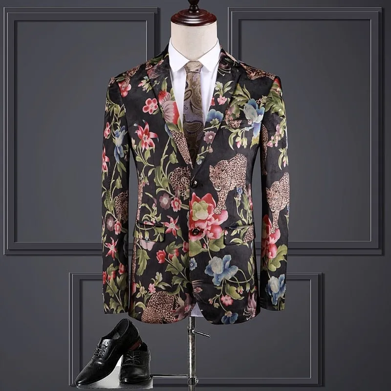 Animal Floral Printing Costume Style Men Slim Fit Blazer