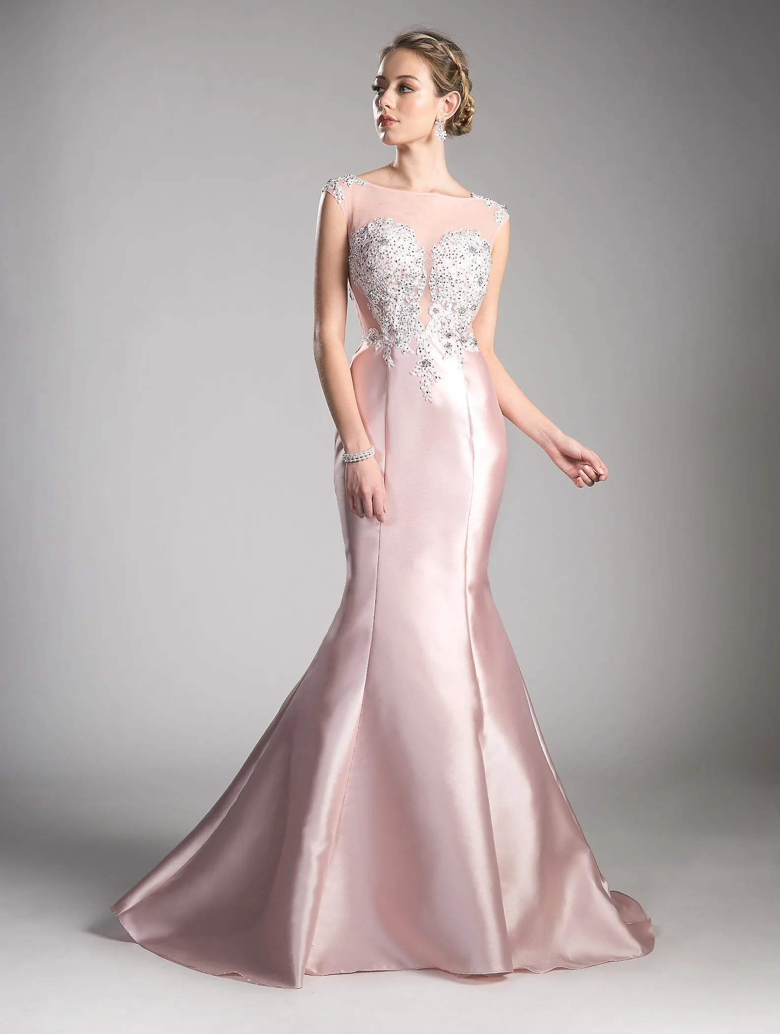 Beaded Cap Sleeve Mermaid Gown by Cinderella Divine 8984A