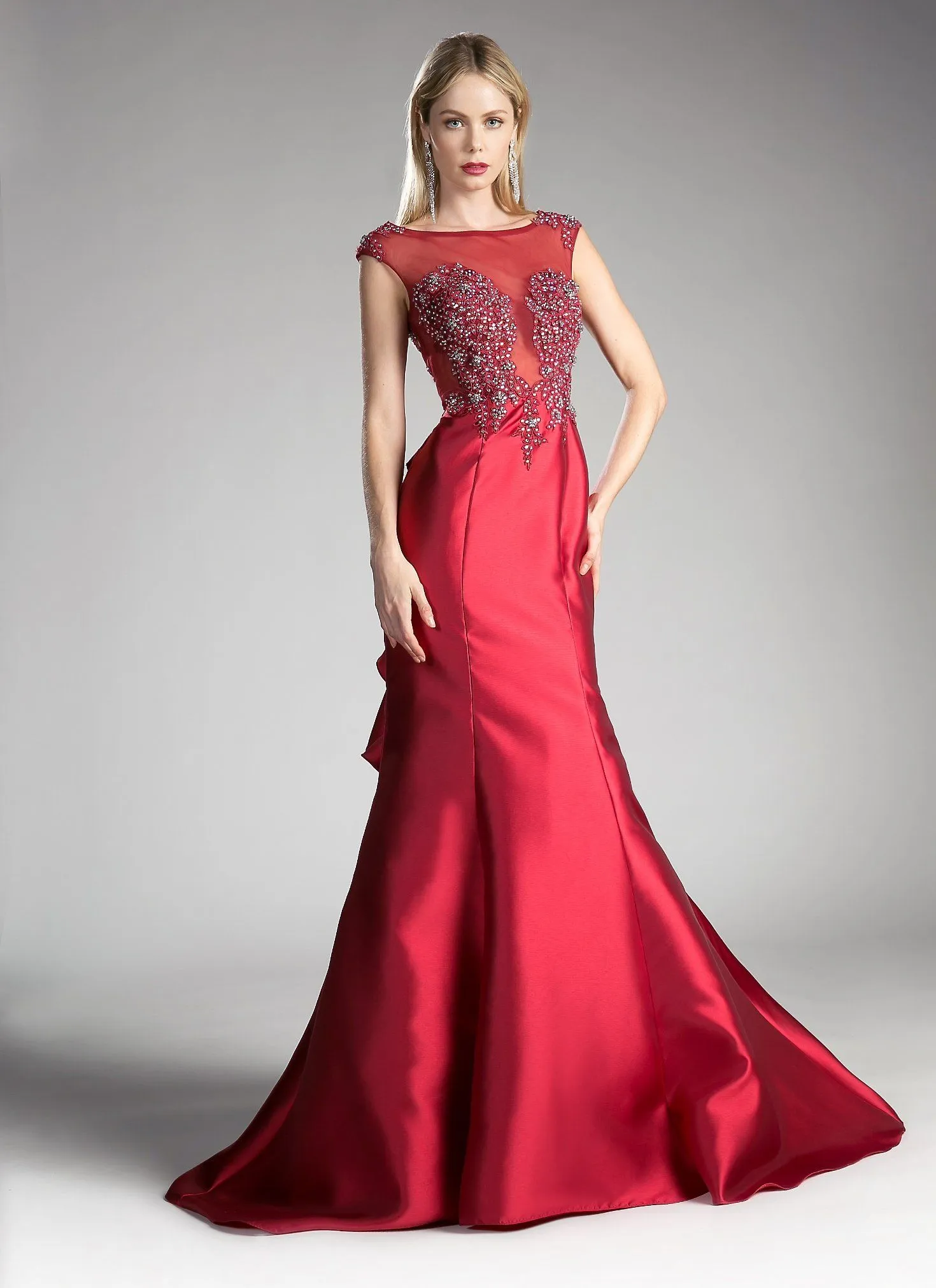 Beaded Cap Sleeve Mermaid Gown by Cinderella Divine 8984A