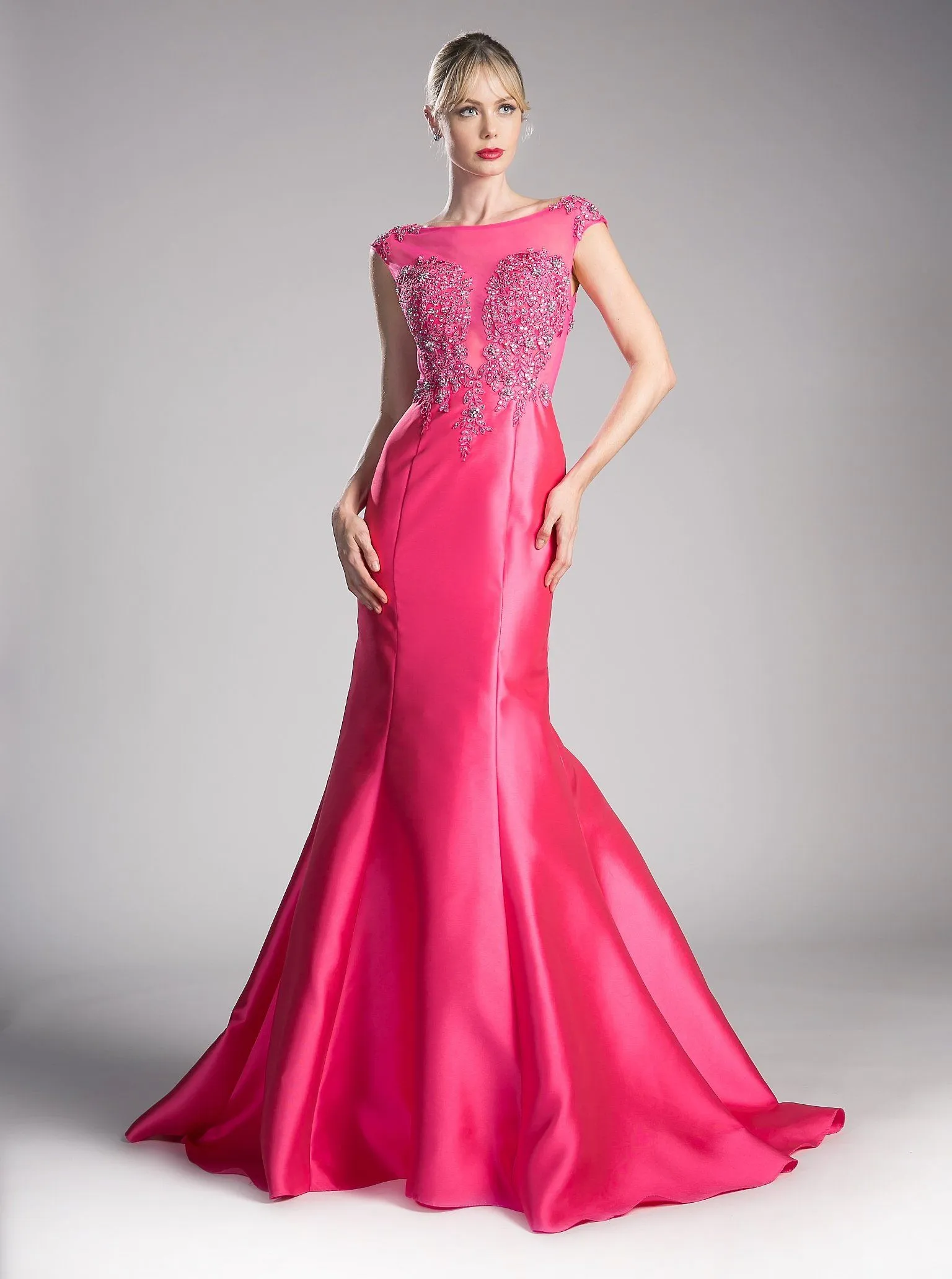 Beaded Cap Sleeve Mermaid Gown by Cinderella Divine 8984A
