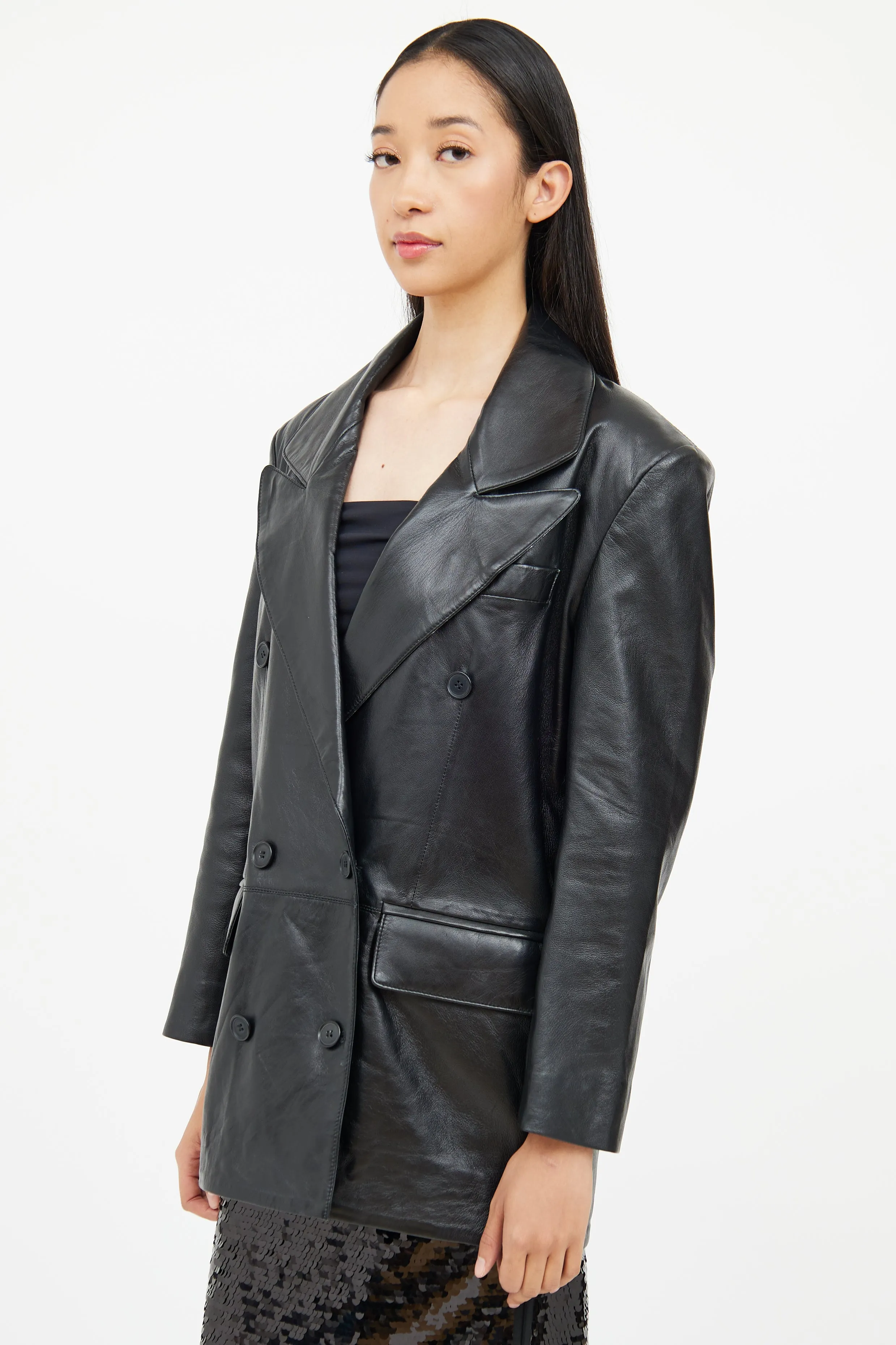 Black Leather Double Breasted Blazer