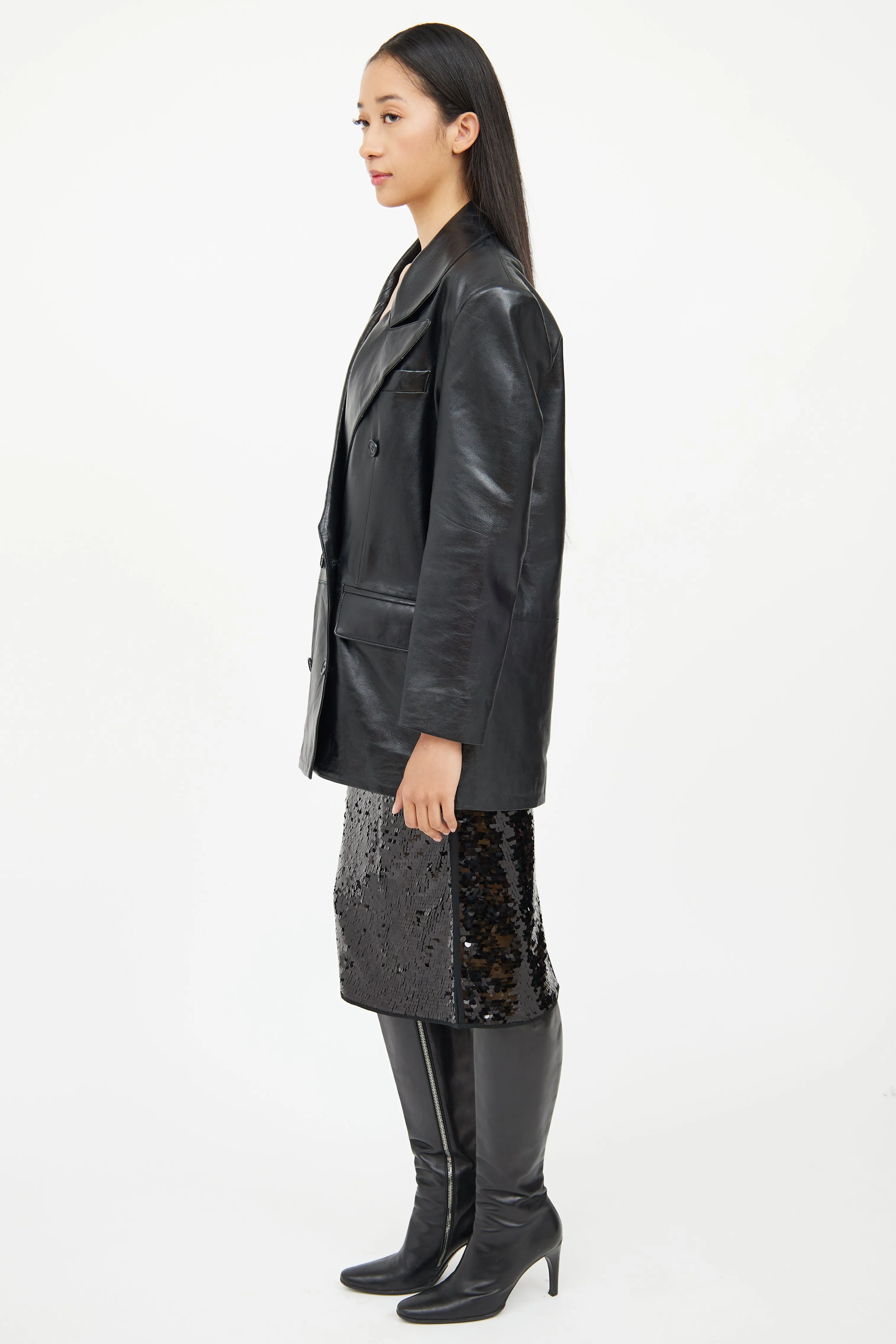 Black Leather Double Breasted Blazer