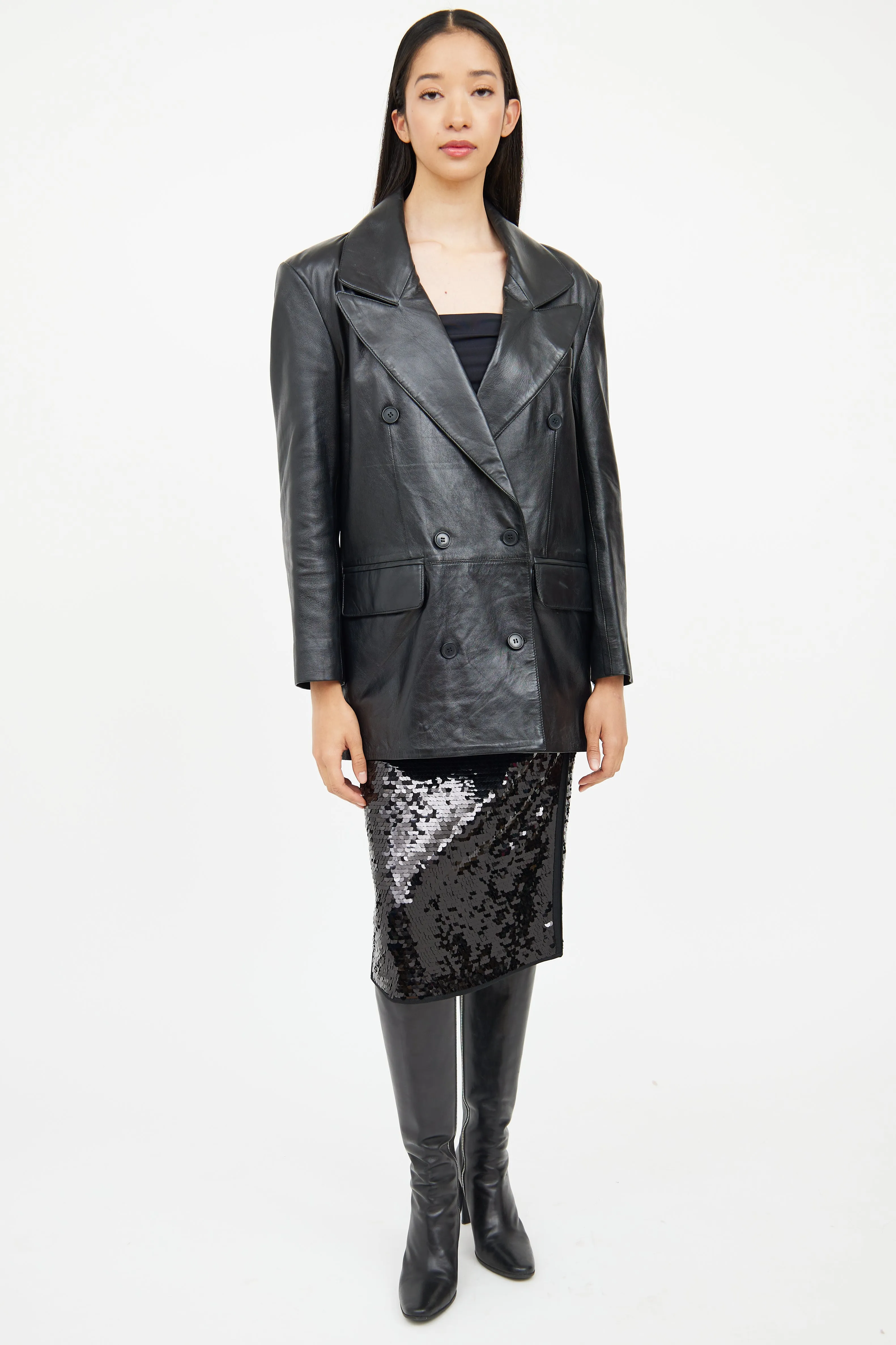 Black Leather Double Breasted Blazer
