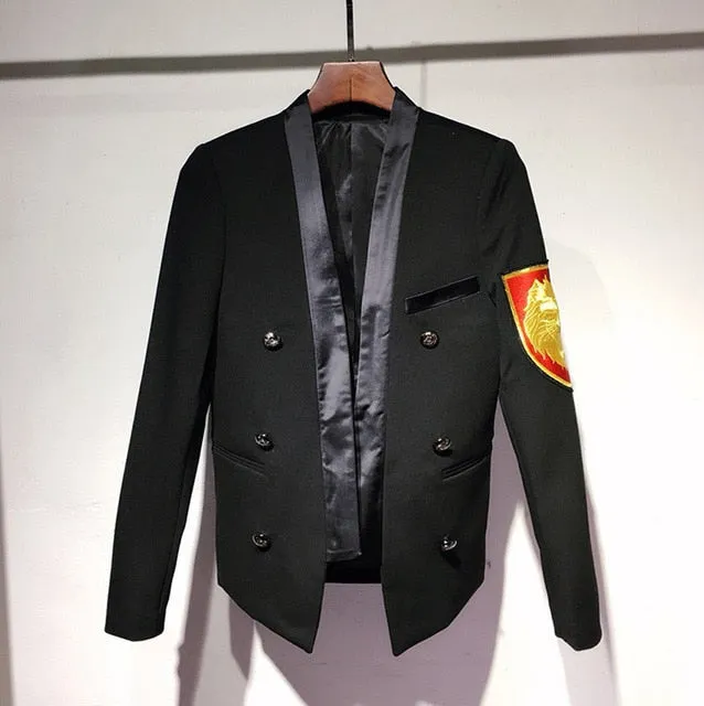 Black with Red Yellow Embroidery Badge Detail Men Blazer