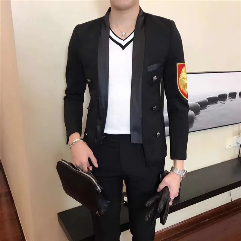 Black with Red Yellow Embroidery Badge Detail Men Blazer