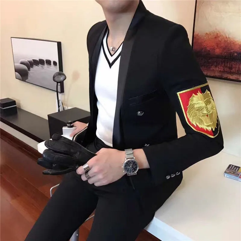 Black with Red Yellow Embroidery Badge Detail Men Blazer