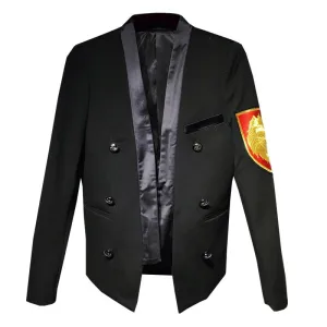 Black with Red Yellow Embroidery Badge Detail Men Blazer