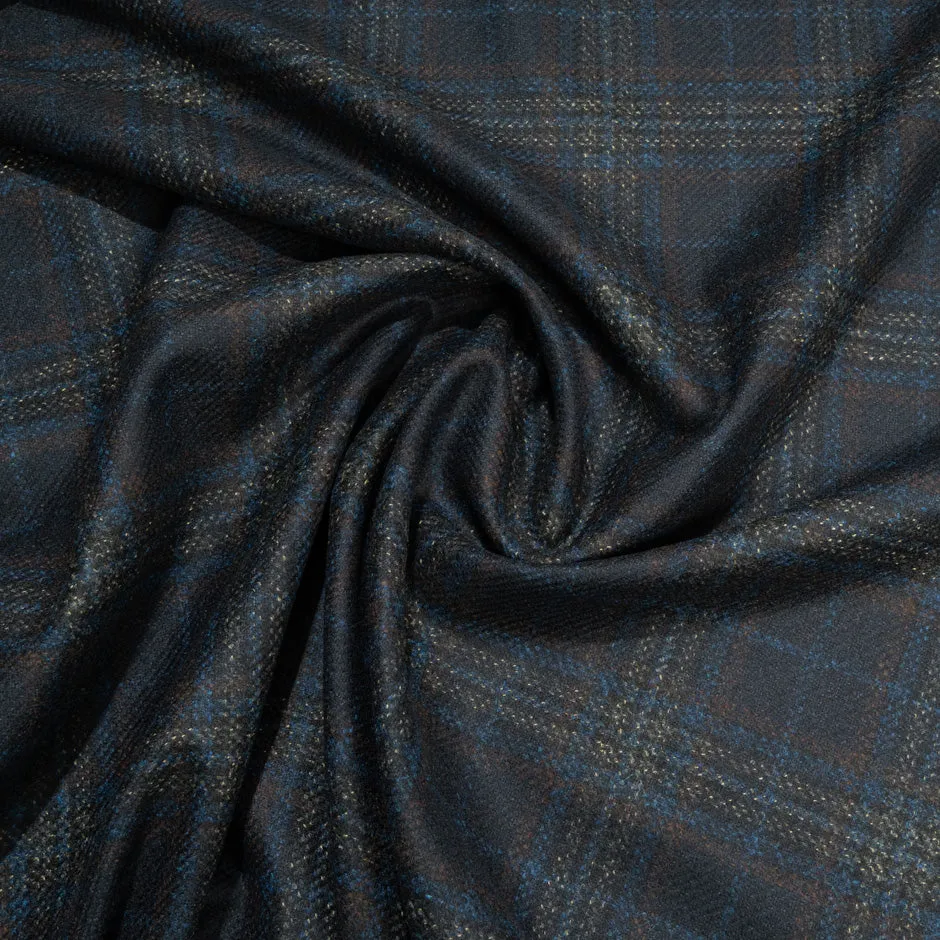 Blue, Brown & Black Checkered Wool Blend Suiting