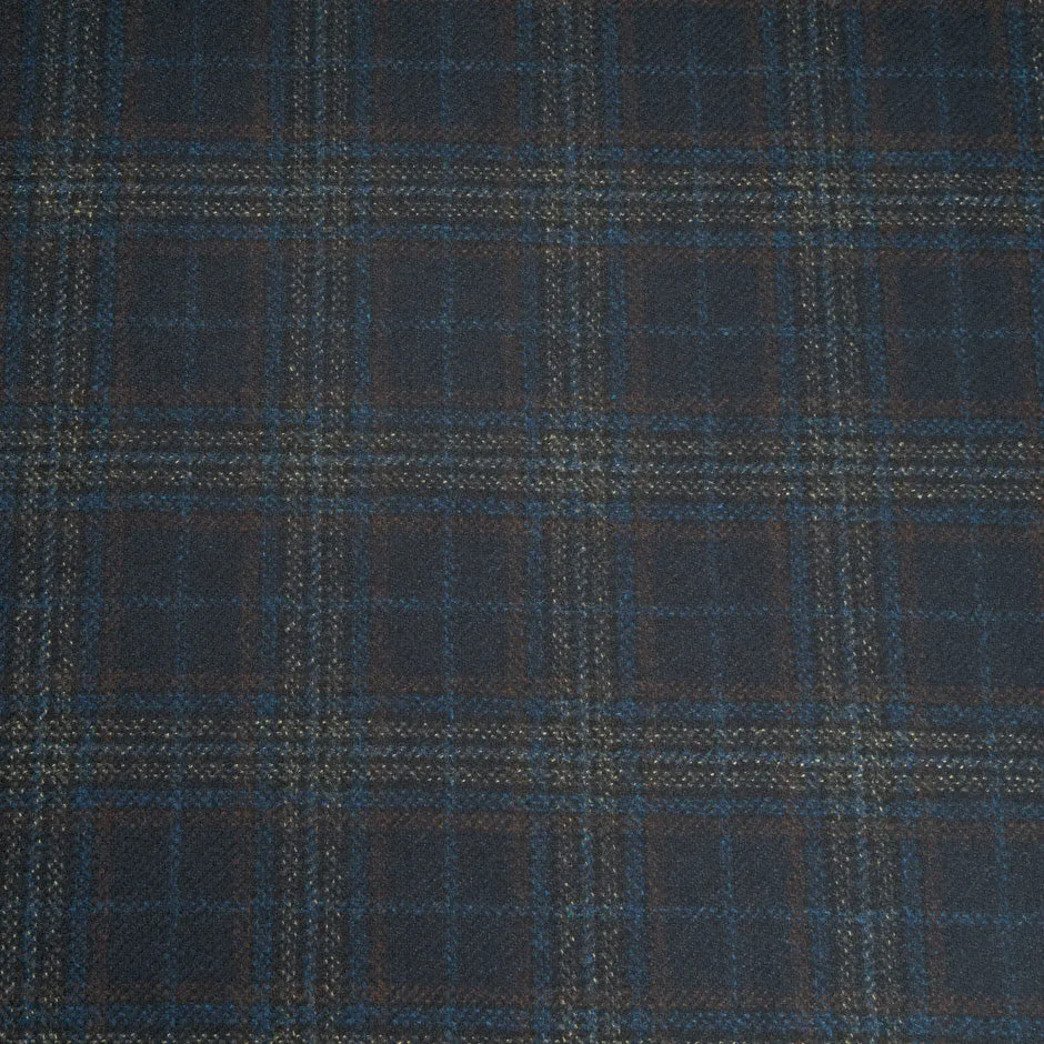 Blue, Brown & Black Checkered Wool Blend Suiting