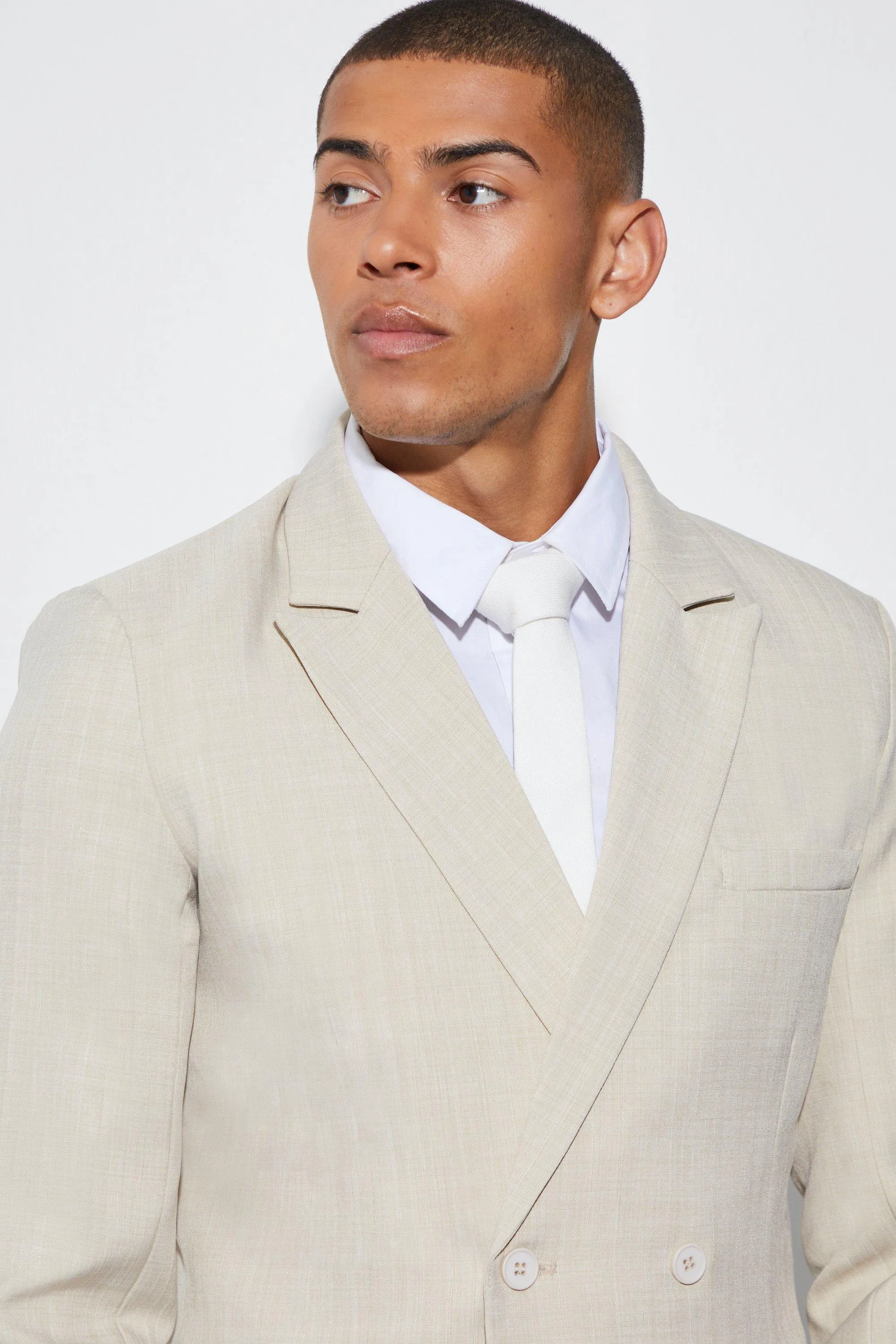 Boohoo Slim Double Breasted Suit Jacket, Beige