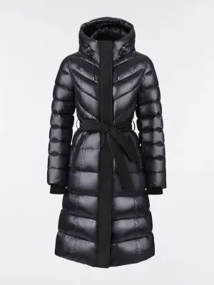 Coralia down coat with hood and sash belt