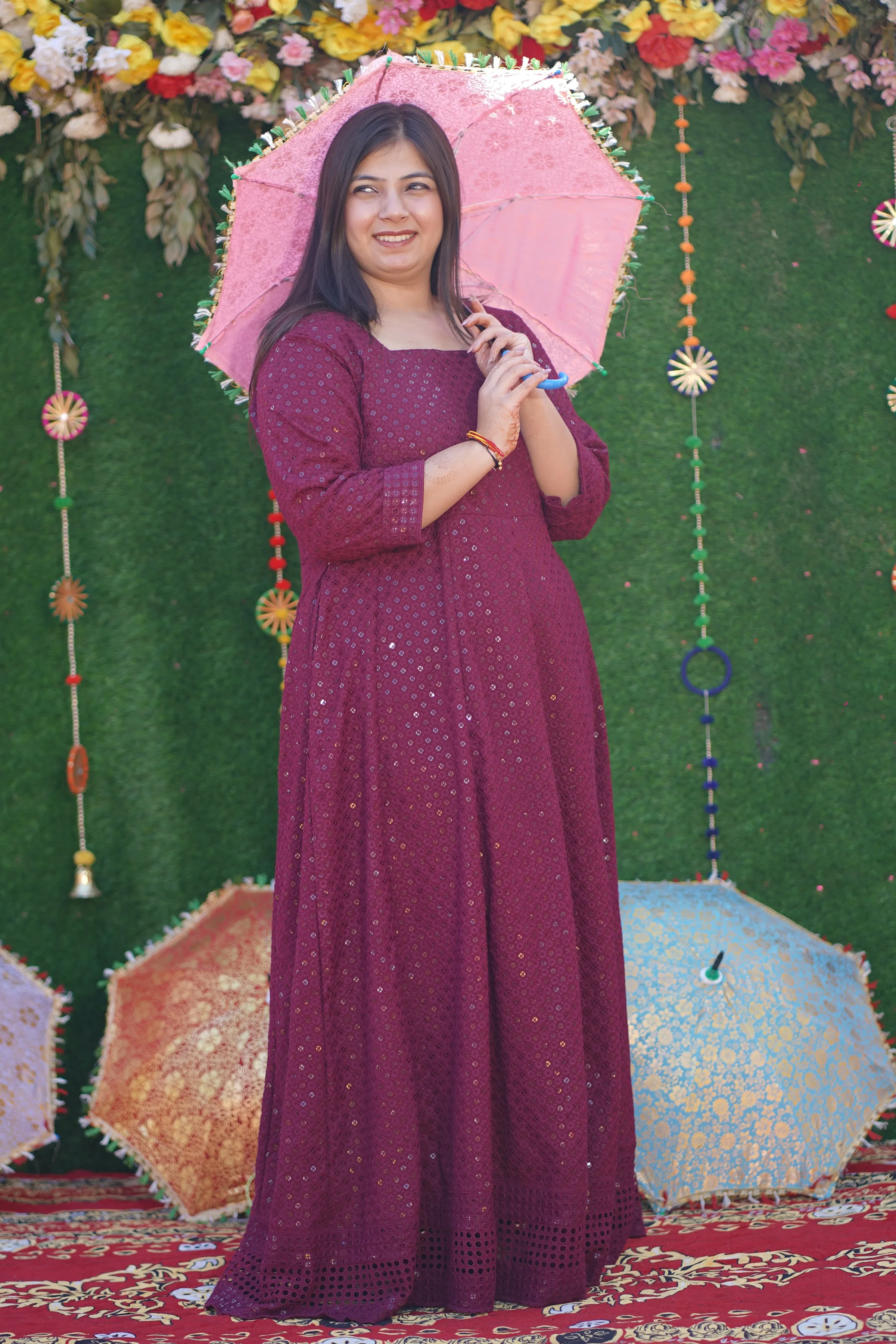 Crimson Berry Sequined Fancy Dress