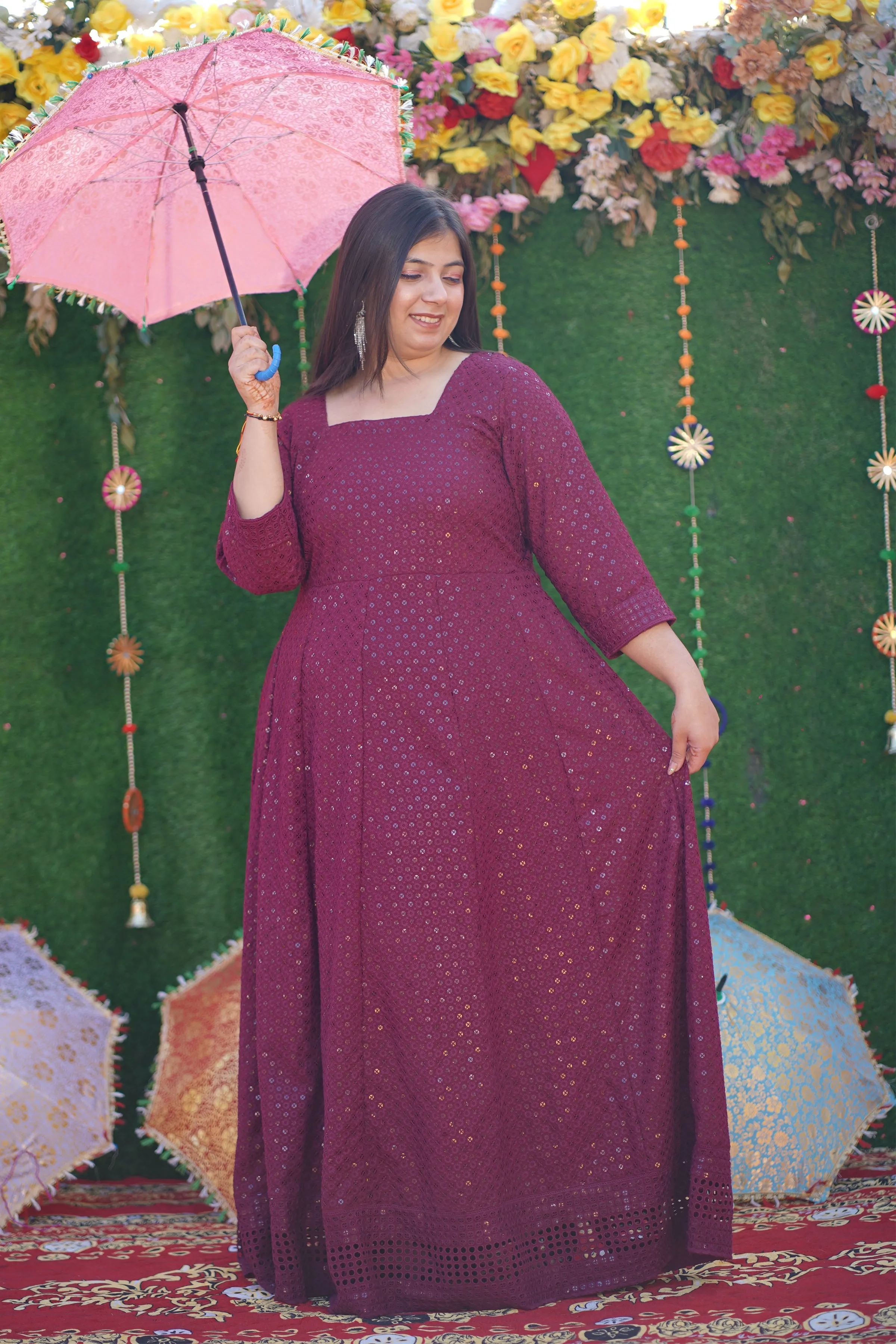 Crimson Berry Sequined Fancy Dress