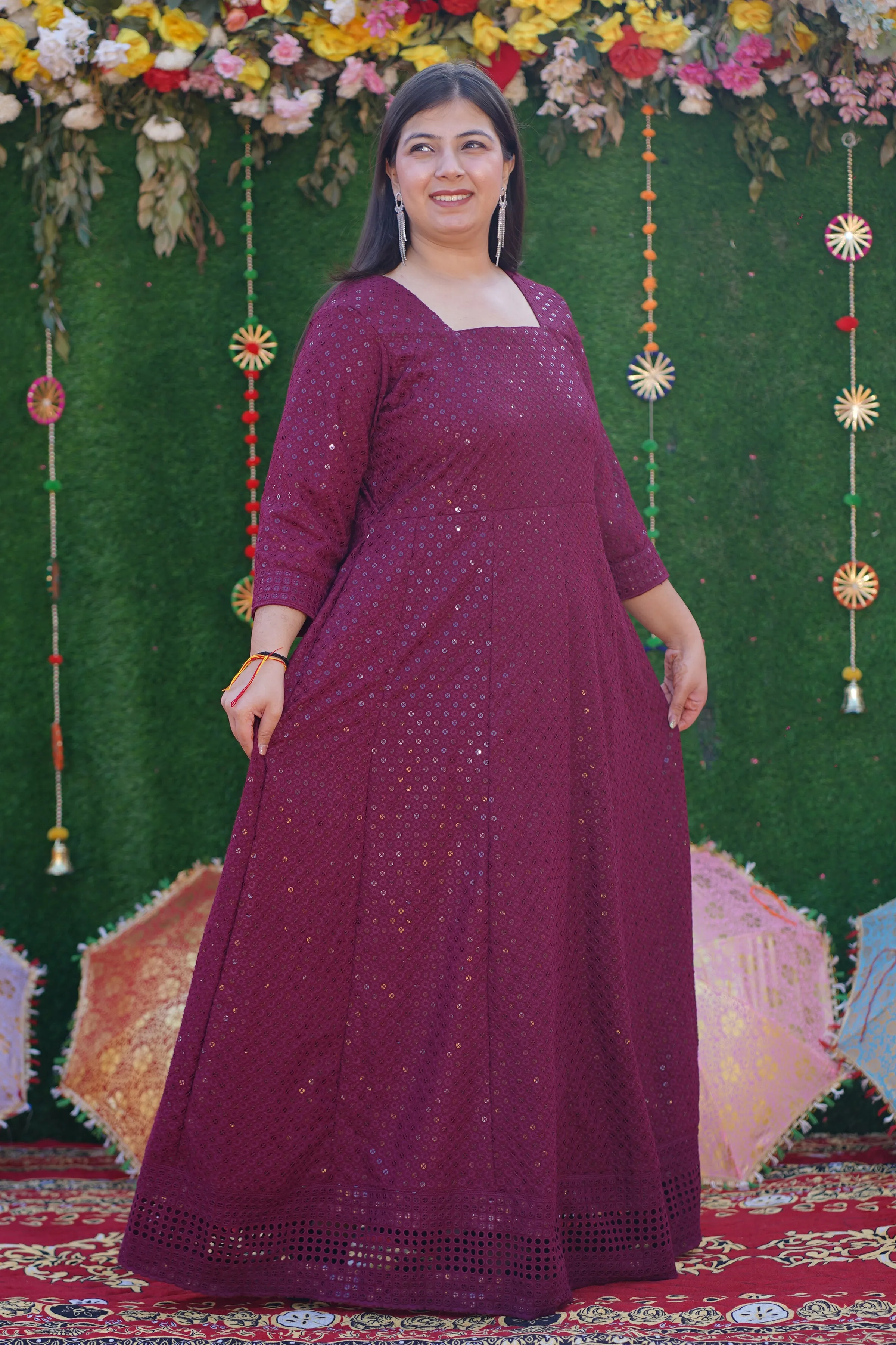 Crimson Berry Sequined Fancy Dress