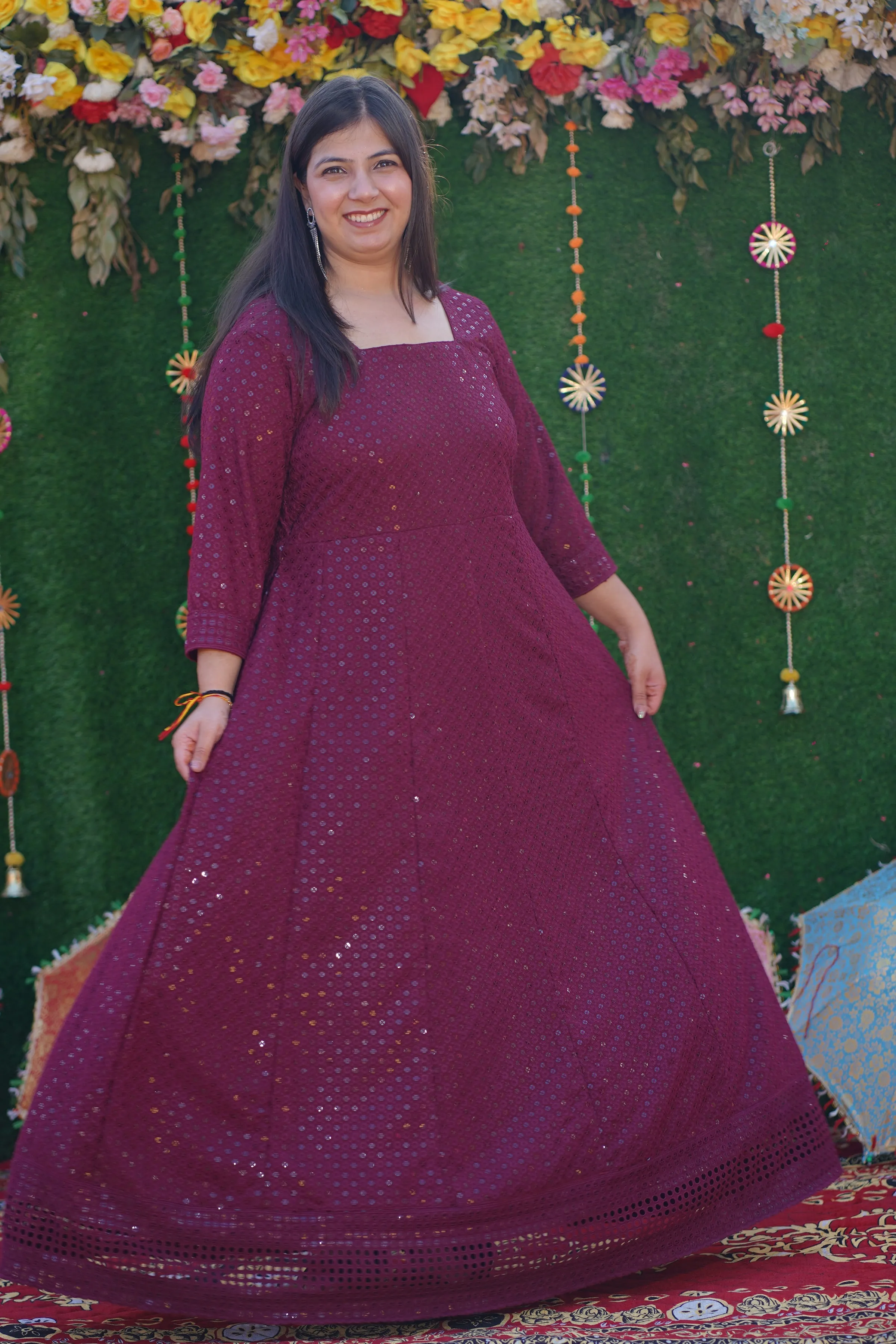Crimson Berry Sequined Fancy Dress