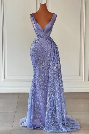 Dazzling Violet Mermaid Prom Gown with V-Neckline and Beaded Sequins