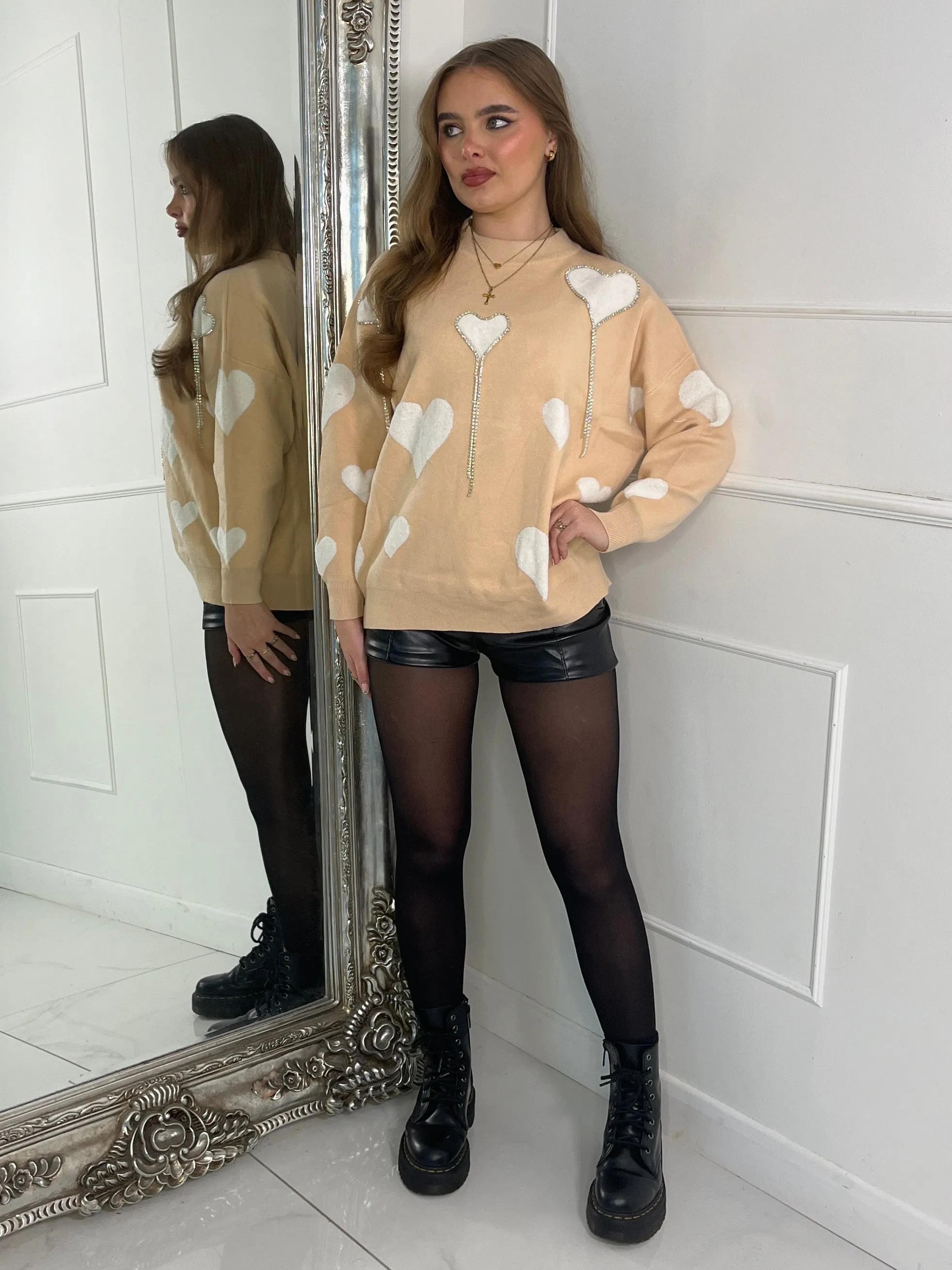 Diamante Heart Jumper - Beige W White Hearts