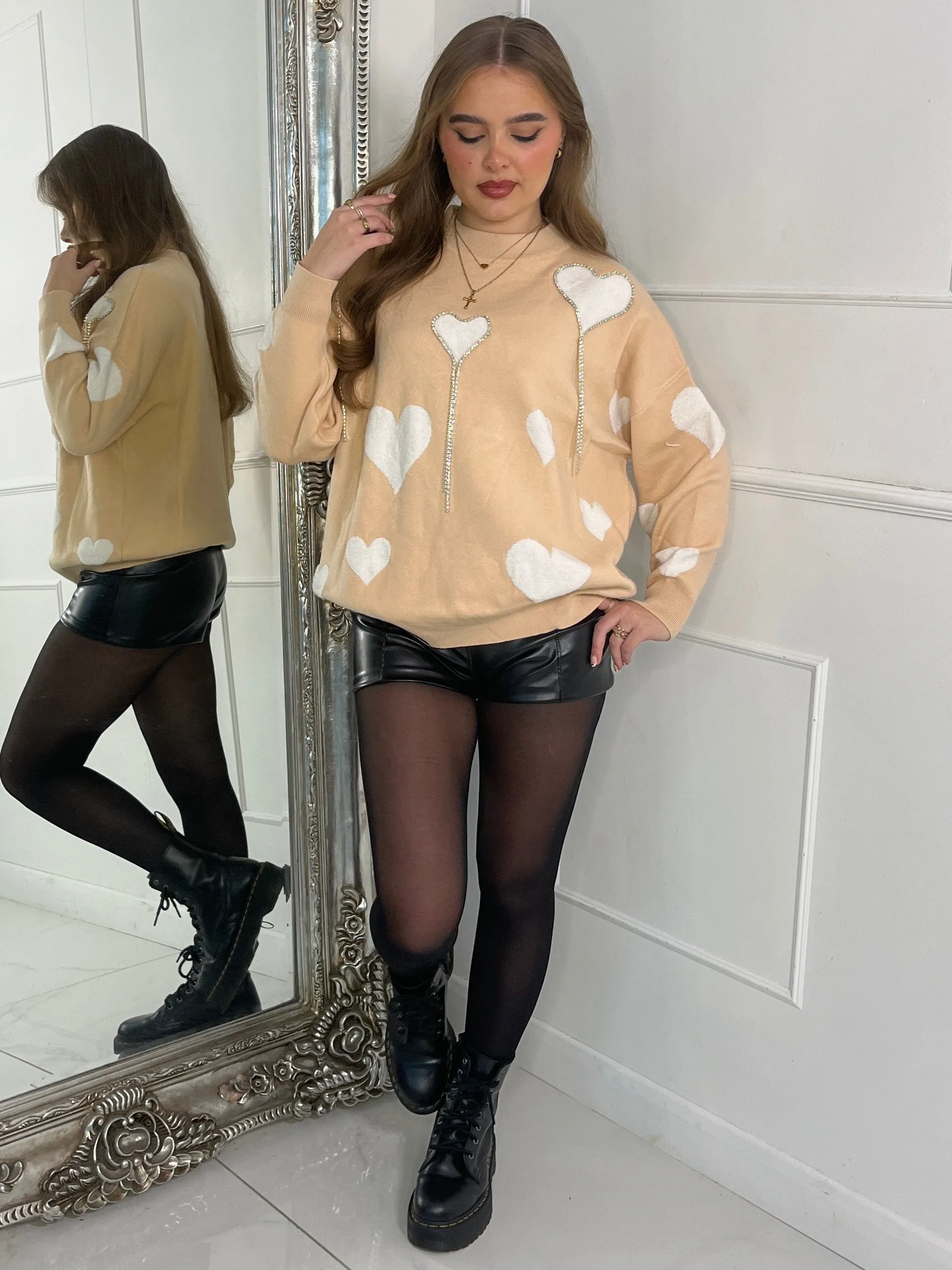 Diamante Heart Jumper - Beige W White Hearts