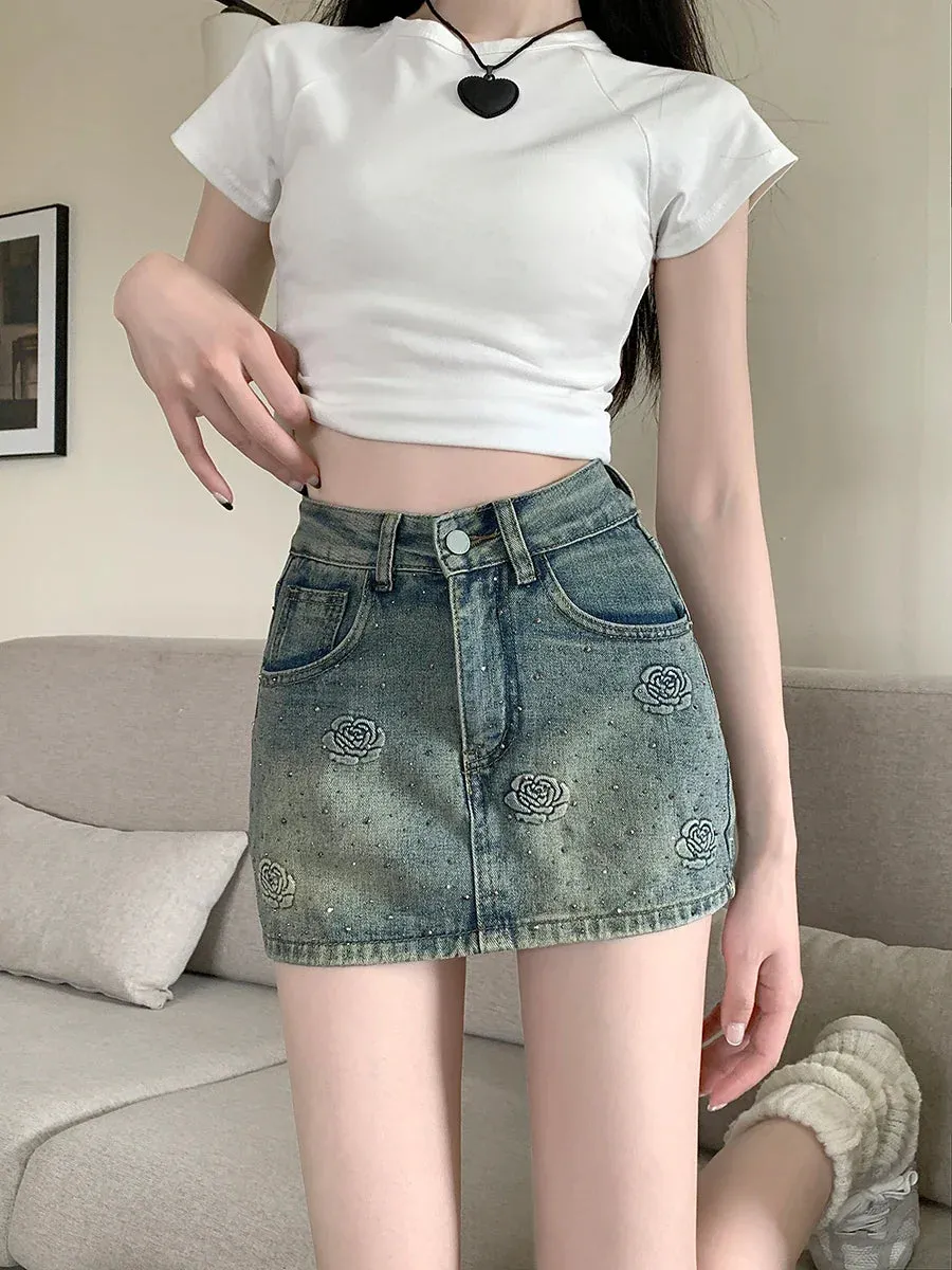 Diamond Floral Vintage High Waist A-line Short Skirt