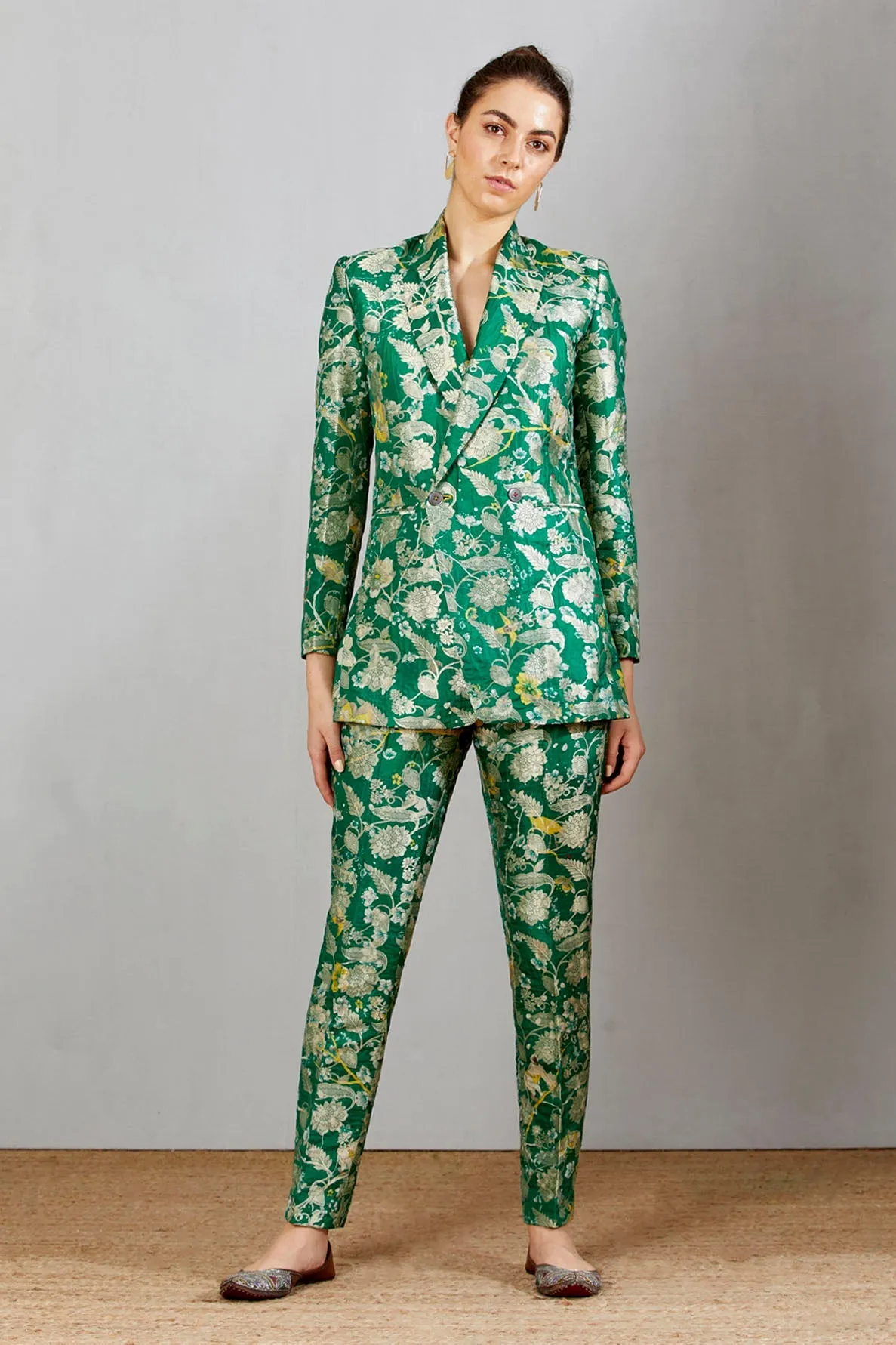 Double Breasted Blazer Silk Brocade Green