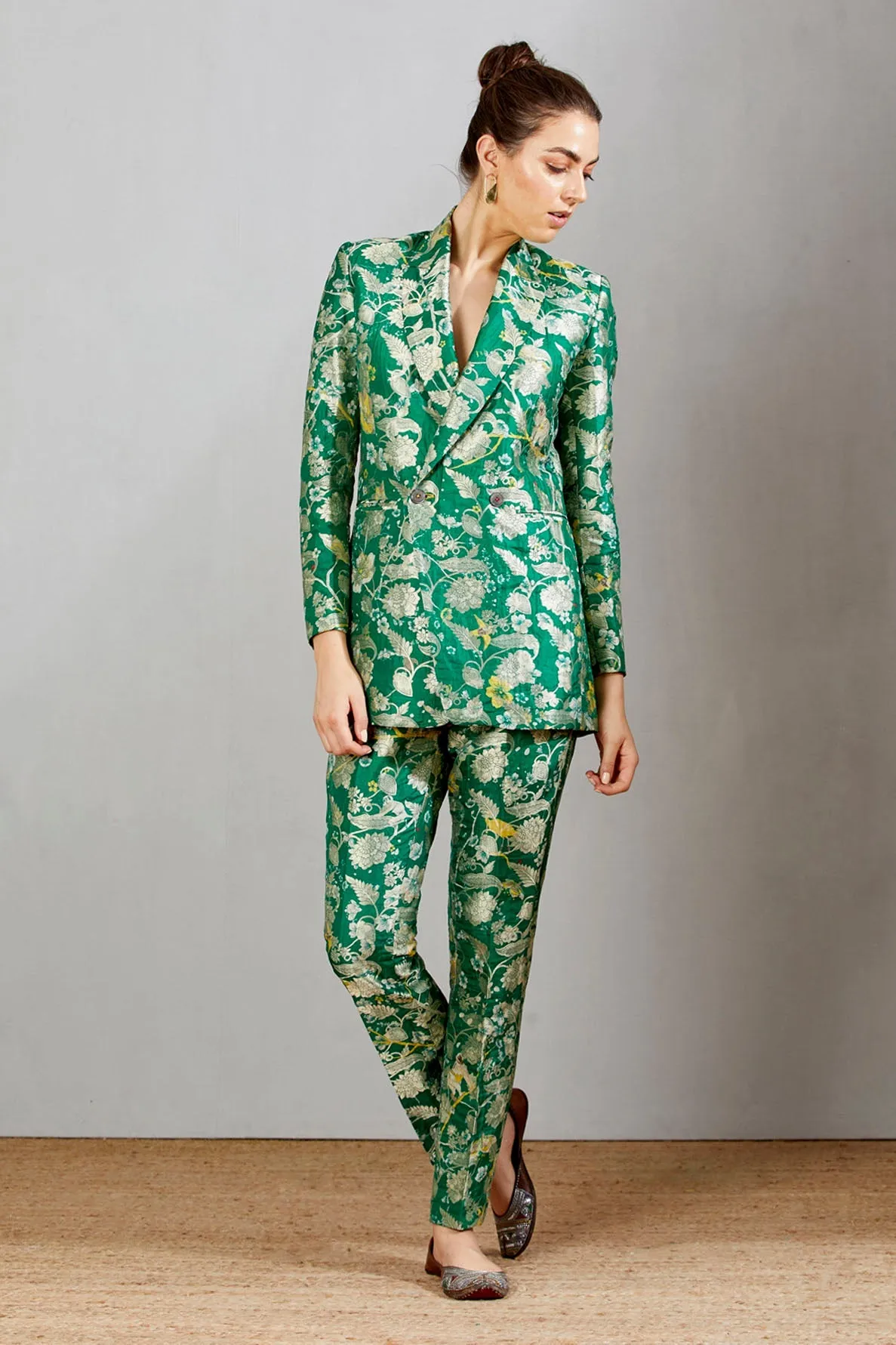 Double Breasted Blazer Silk Brocade Green