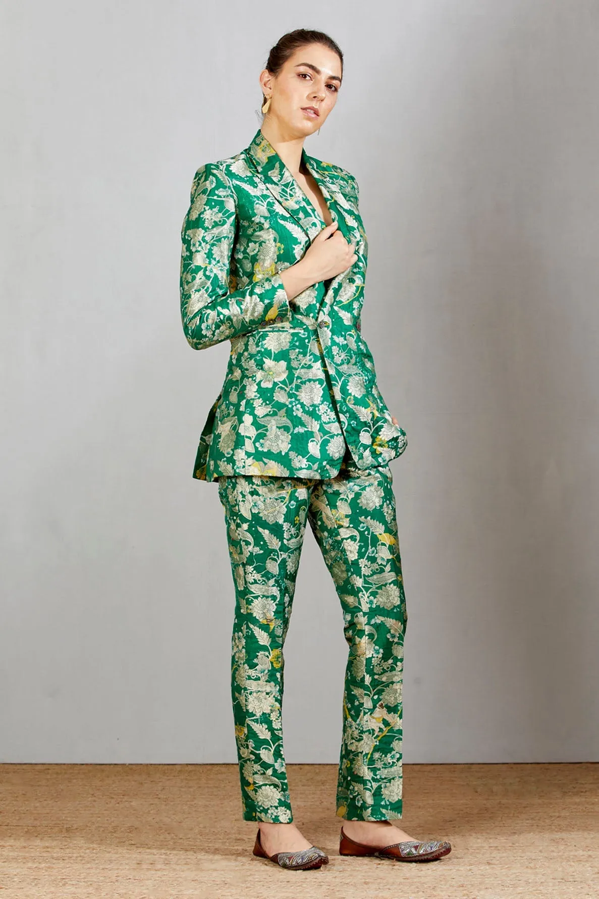 Double Breasted Blazer Silk Brocade Green