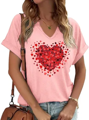 Earlymemb Womens Lover Heart Graphic V Neck Shirt Valentines Funny Couple Matching Casual Short Sleeve Tee Tops