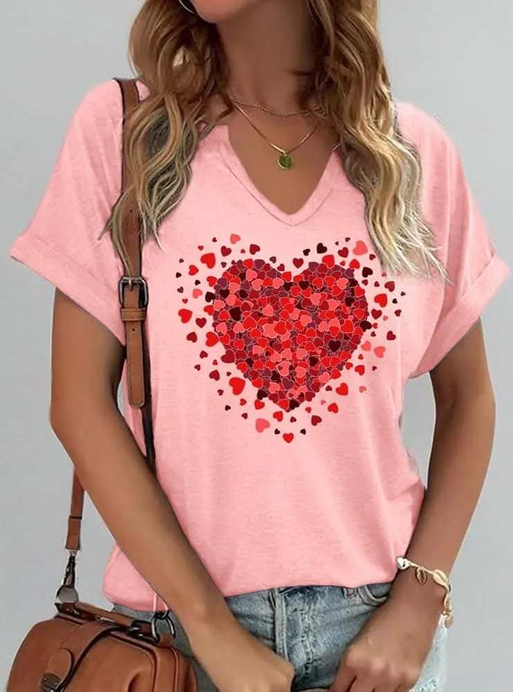 Earlymemb Womens Lover Heart Graphic V Neck Shirt Valentines Funny Couple Matching Casual Short Sleeve Tee Tops