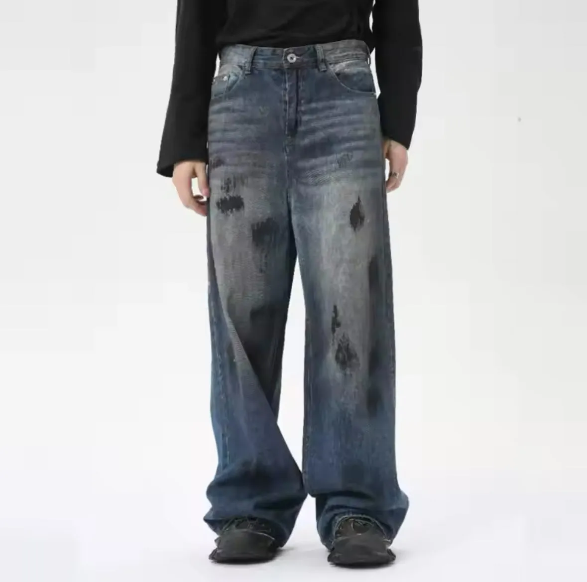 Faded Navy Paint Stroke Baggy Jeans