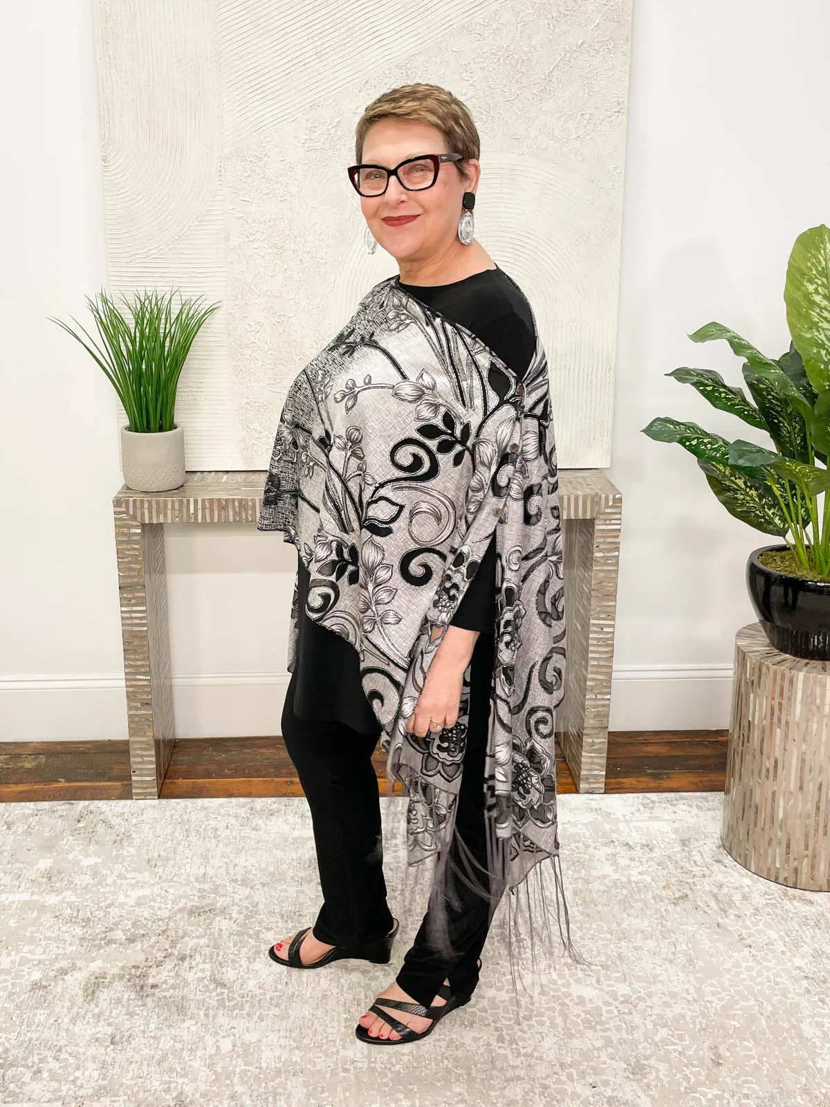 Floral Scroll Burnout Multi-Way Topper, Silver Grey