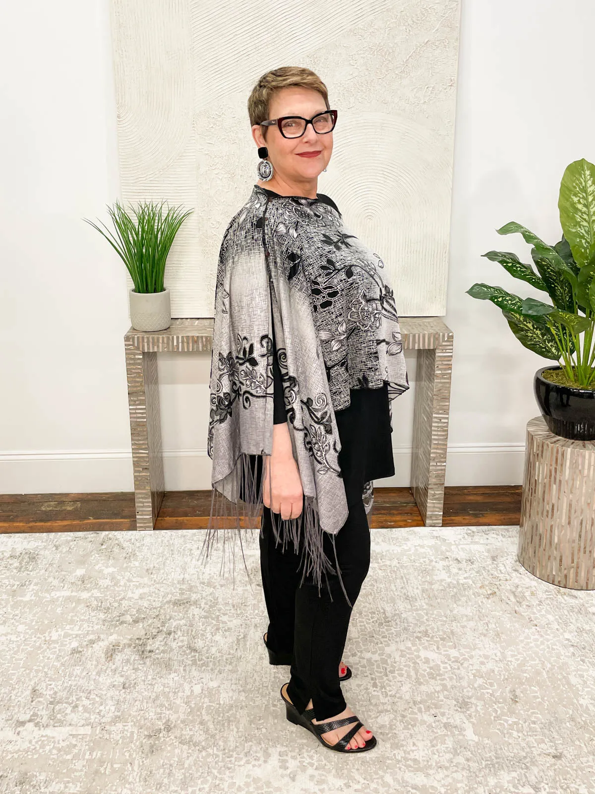 Floral Scroll Burnout Multi-Way Topper, Silver Grey