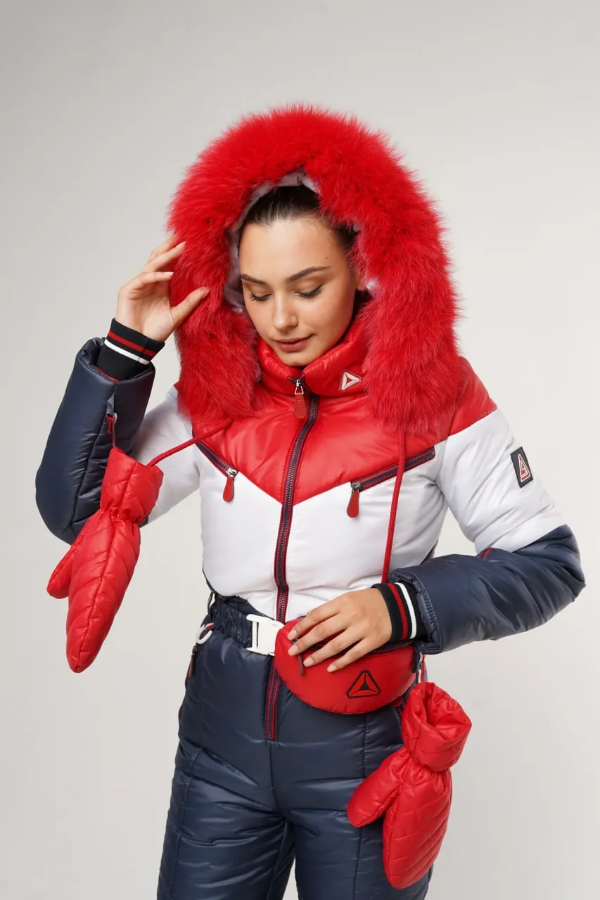 Hooded Winter Jumpsuit Water Repellent Fabric Jumpsuit with Pouch and Mittens