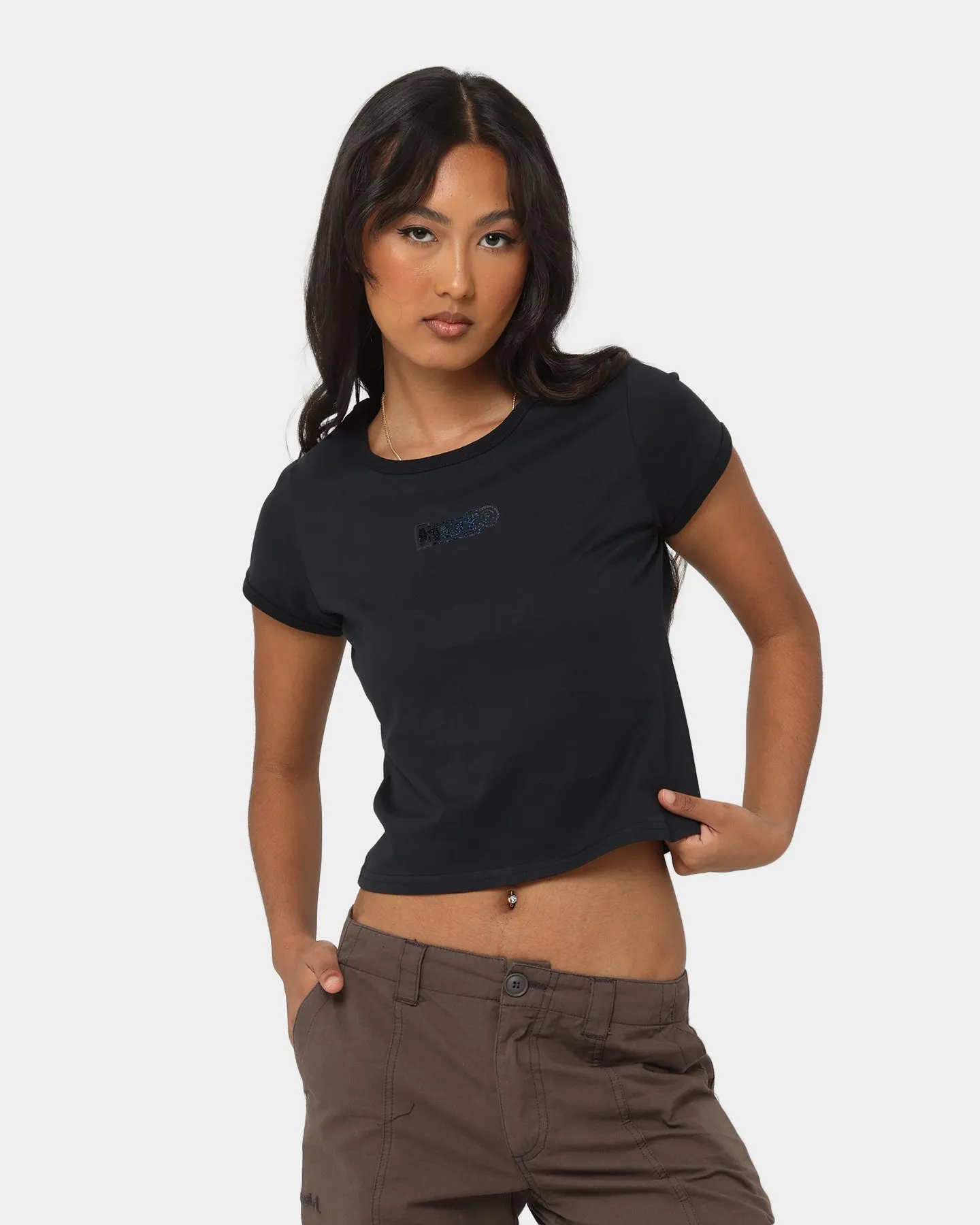 HUF Women's Foil Logo Knit Baby T-Shirt Off Black
