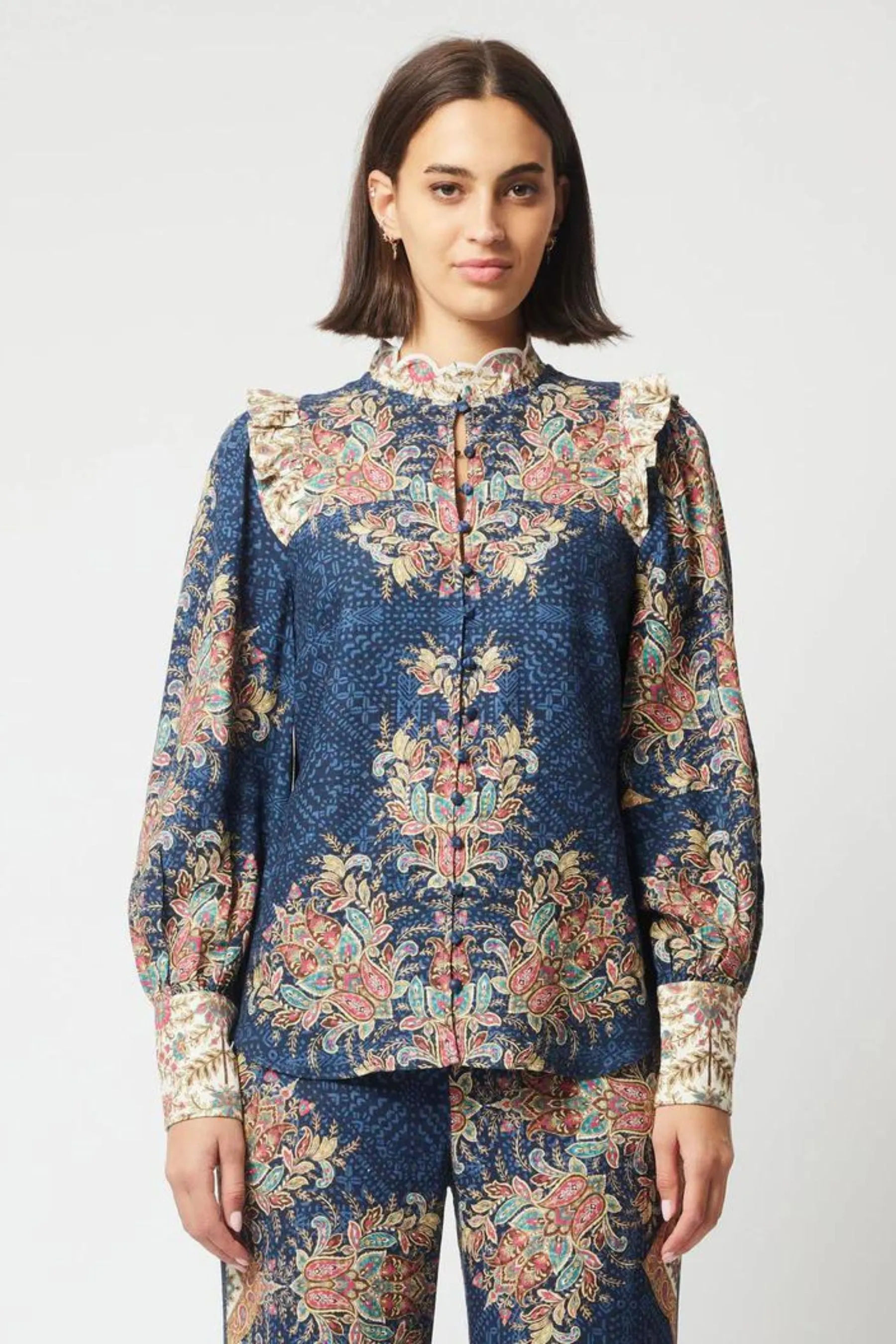 Imperial Linen Viscose Ruffle Shirt | Oriental Print
