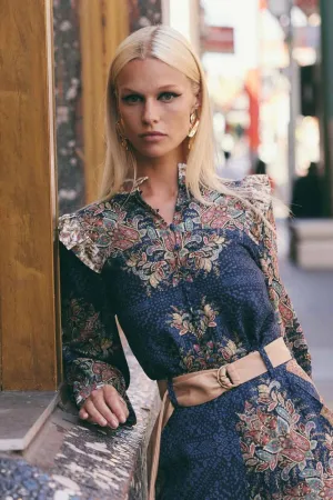Imperial Linen Viscose Ruffle Shirt | Oriental Print