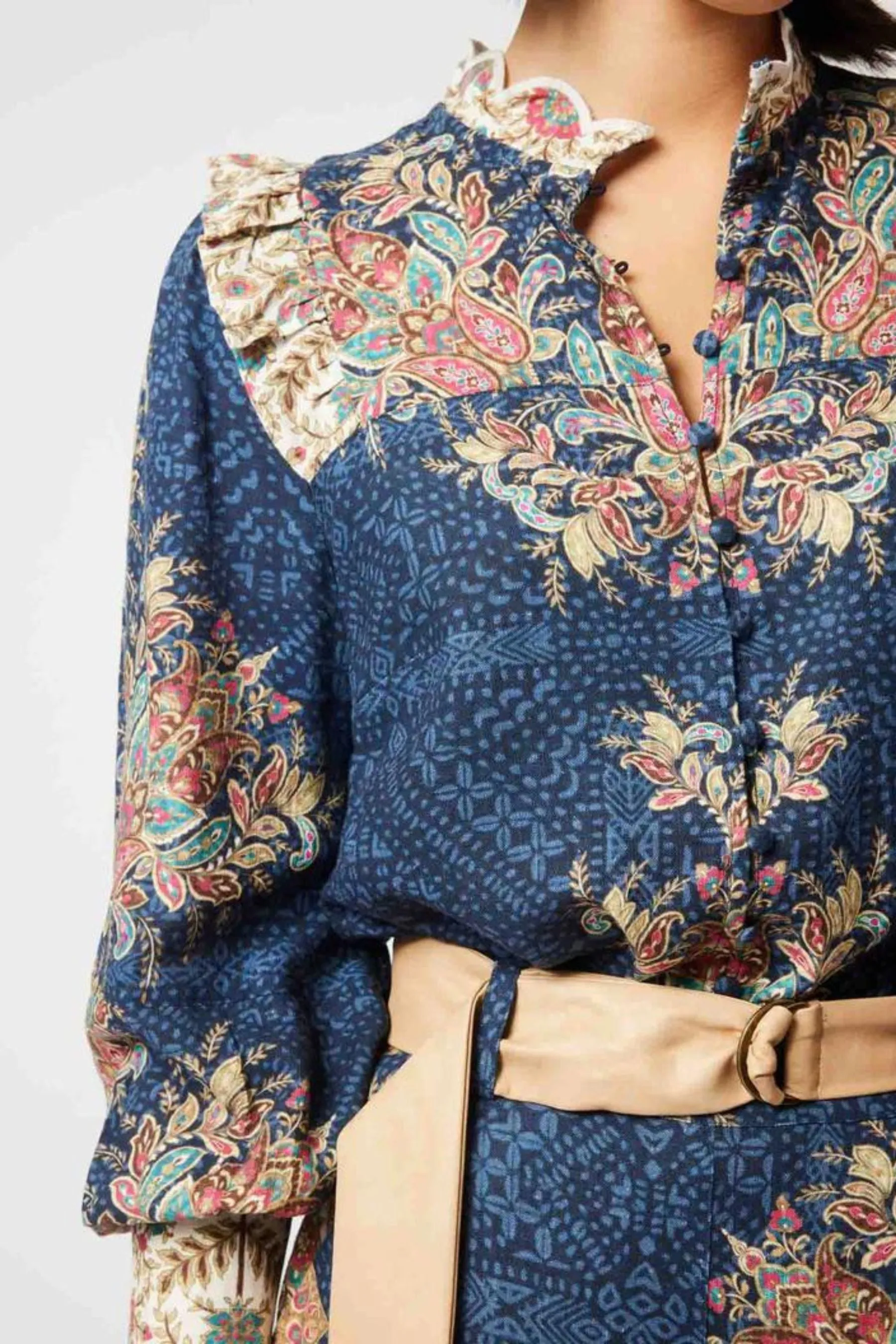 Imperial Linen Viscose Ruffle Shirt | Oriental Print