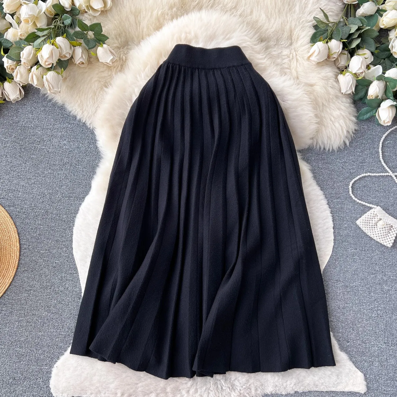 Knitted skirt for women mid-length skirt  pleated skirt    S4636