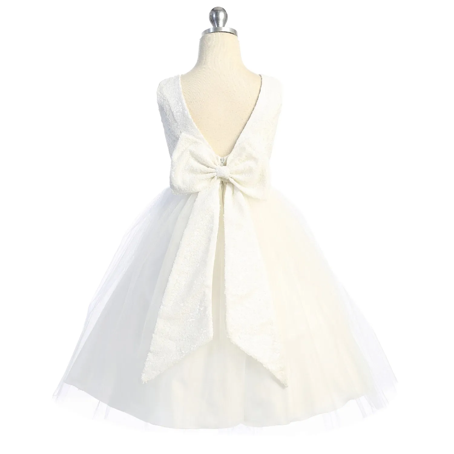 Lace Sequin V Back & Bow Girls Dress with Plus Sizes