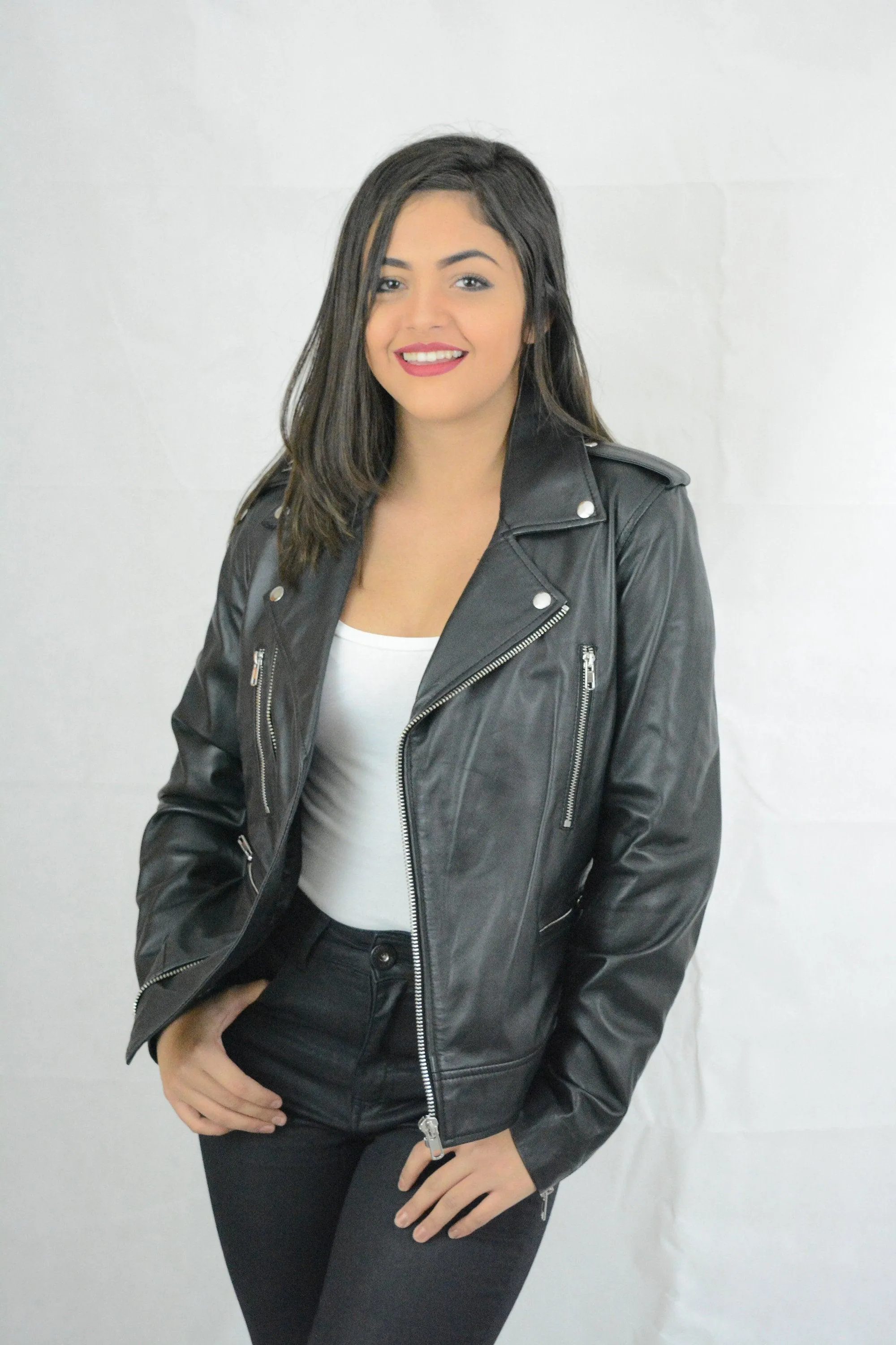 Ladies Leather Black Biker Jacket Sheep Skin A Grade Quality Size M