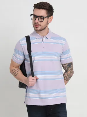 Lavender & Sky Blue Striped Slim Fit Polo T-Shirt | JadeBlue