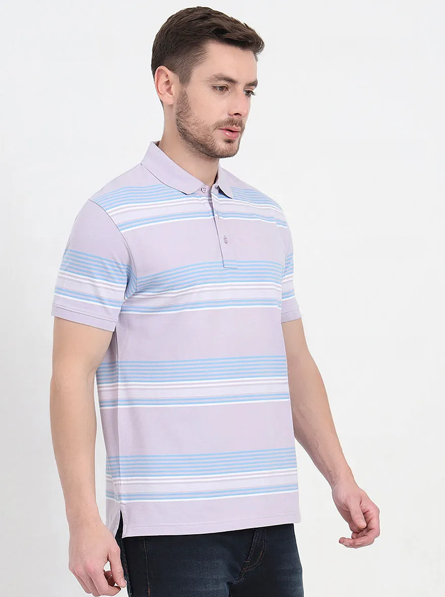 Lavender & Sky Blue Striped Slim Fit Polo T-Shirt | JadeBlue