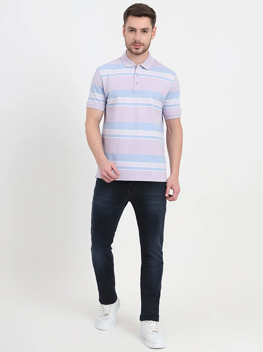 Lavender & Sky Blue Striped Slim Fit Polo T-Shirt | JadeBlue